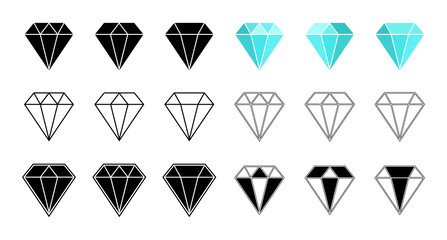 Diamond icon. Gem crystal. Logo of jewel brilliant. Blue, outline and black gemstone. Graphic symbol of jewelry, value, love from heart. Shapes isolated on white background. Fashion carat. Vector