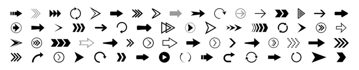 Arrow icon. set of right arrows. Icons for button of next, forward, down, up, back and rewind. Symbols of web navigation. Black signs for direction. Modern logos for app, website. Vector