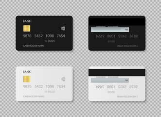 Credit card. Debit card. Design of template plastic card for bank in front and back. Mockup with chip for payment. Realistic set with white and black icons isolated on transparent background. Vector