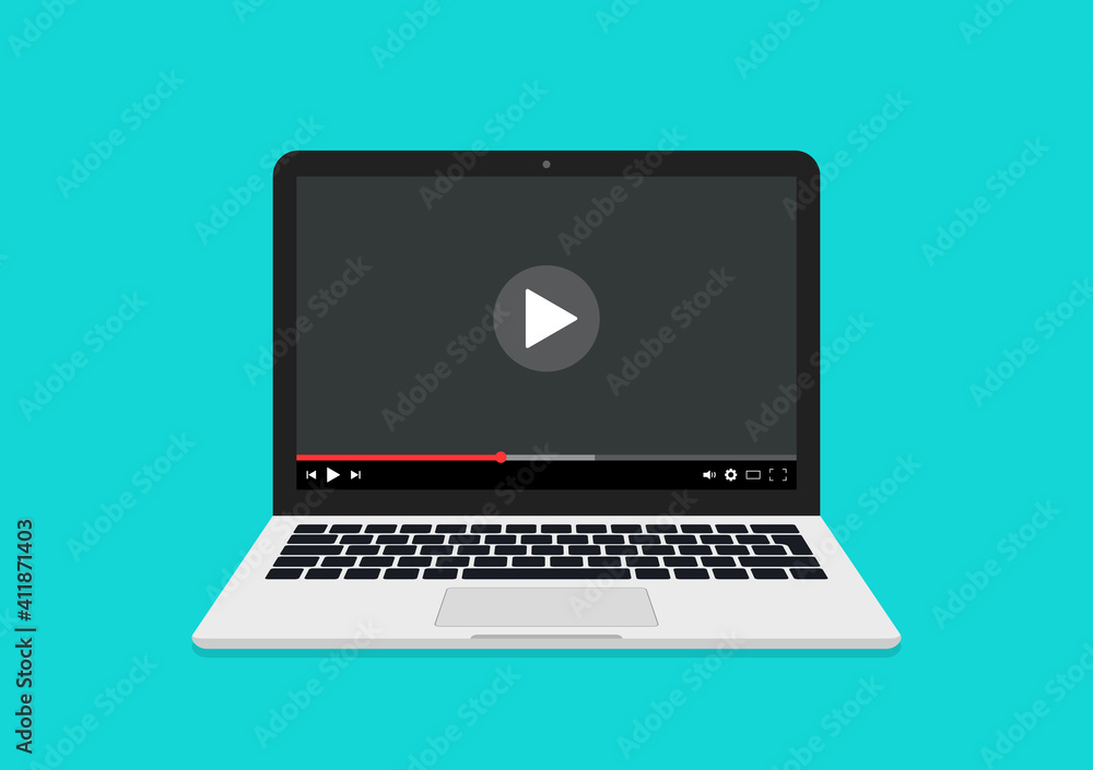 Poster video on laptop. online webinar on computer. video player on laptop screen. watch video tutorial. ic