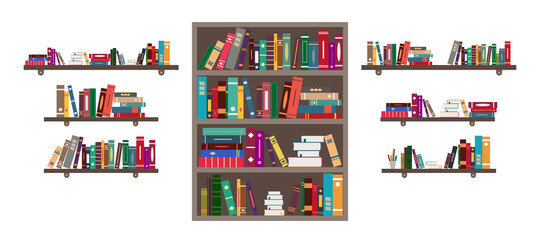 Book on shelf. Bookshelf with books in library. Bookcase with literature in school for education. Bookstore or office with bookshelves. University library. Cabinet of academy for reading. Vector
