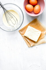 cooking pancake on white background top view ingredients for making