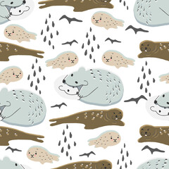 Vector seamless pattern for kids with cute nordic baby animals. Scandinavian style.