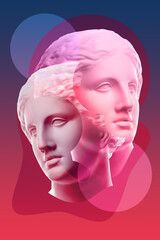 Collage with plaster antique sculpture of human face in a pop art style. Modern creative concept image with ancient statue head. Zine culture. Contemporary art poster. Funky minimalism. Retro design.