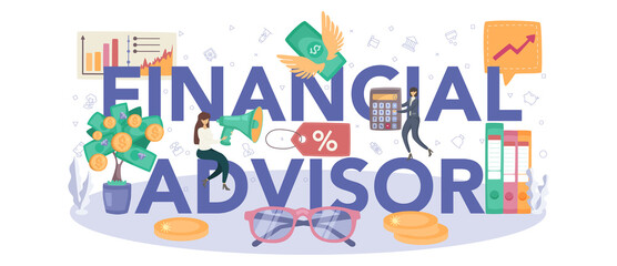 Financial advisor typographic header. Business character analysing