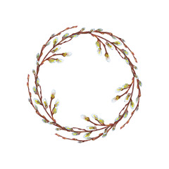 Branched spring wreath of willow twigs with fluffy catkins. Realistic drawing. Round delicate Easter or wedding rustic frame. Watercolor hand painted isolated arrangement.  © Na.Ko.