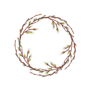 Branched spring wreath of willow twigs with fluffy catkins. Realistic drawing. Round delicate Easter or wedding rustic frame. Watercolor hand painted isolated arrangement. 