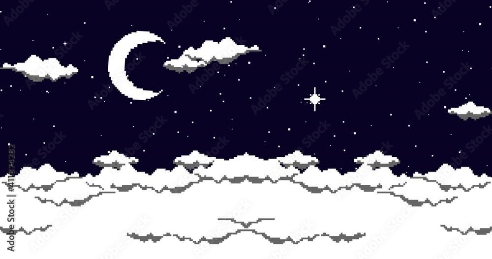 Poster animation of pixel art moon and stars and clouds. pixel art background. 8bit vector game loop