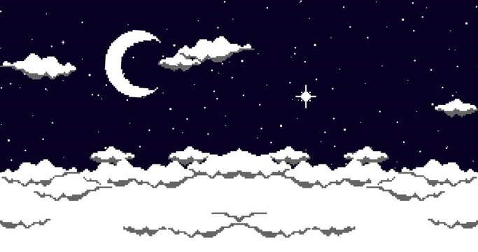 Animation of pixel art  moon and stars and clouds. Pixel art background. 8bit vector game loop