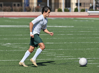 Young Athletic boy kicking the ball during a soccer game