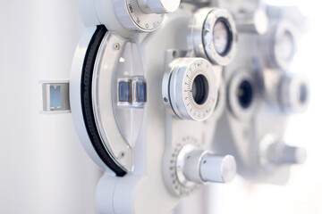 Phoropter, ophthalmic testing device machine, close up, selective focus