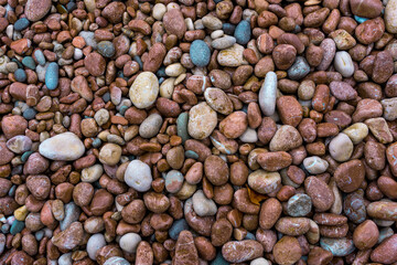 Multicolored natural pebbles on the beach as a natural background