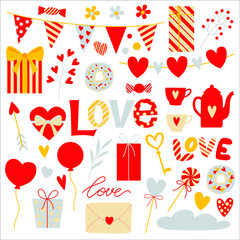 A set of vector elements for Valentine's Day or another holiday. An illustration with flowers, love letters, hearts, gifts, flags and balloons, sweets and dishes. For packaging design and other
