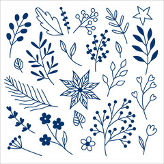 A set of plant elements in the doodle style. Flowers, flowers, stylized elements for the design of wedding invitations, wallpaper and fabric design, postcards and other printed products.
