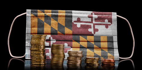 Medical mask with the flag of Maryland behind some shrinking stacks of various coins.(series)