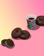 Creative minimal food design 3d render chocolate donuts, cookie and coffee cup in isometry pink cream vanilla space.  Restaurant, bakery, candy shop, food delivery concept modern art.