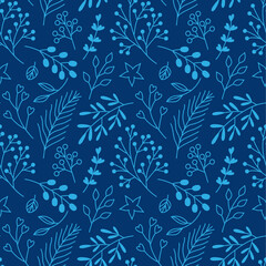 A pattern of plant elements with twigs and flowers on a dark blue background. Seamless illustration for packaging, postcards, wallpaper.