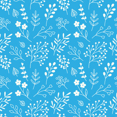 Seamless pattern with flowers and plant elements on a blue background. Vector illustration in a modern style. For wallpaper, packaging, and textiles.