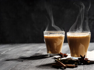 Two mugs of masala tea are on a gray table. Steam comes from them. Hard light, dark background.
