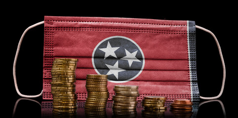 Medical mask with the flag of Tennessee behind some shrinking stacks of various coins.(series)