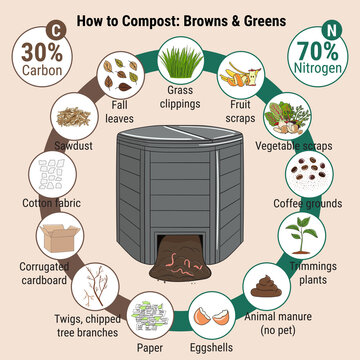 Infographic of garden composting bin with scraps. What to compost. Green and brawn ratio for composting. Recycling organic waste. Sustainable living concept