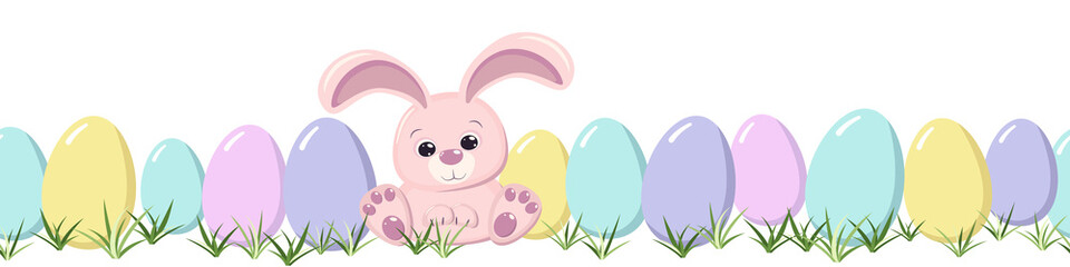 Happy Easter cute pink bunny rabbit and painted eggs in the grass. Seamless border isolated on a white background. A greeting card or banner of bright colors. Vector illustration in flat cartoon style