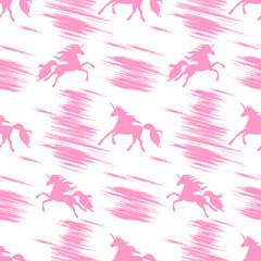 Seamless pattern with pink prancing and flying unicorns on a white background.