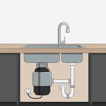 Food Waste Disposer Installed Under Kitchen Sink. Home Garbage Disposal. Kitchen Interior. Recycling Organic Waste. Sustainable Living, Zero Waste Concept