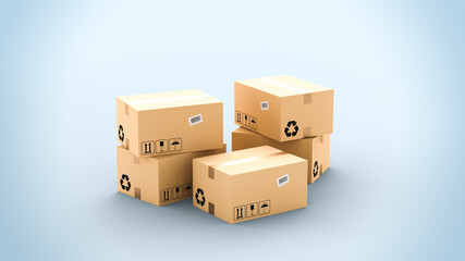 Cardboard boxes on blue background, logistics and delivery concept. 3D Rendering