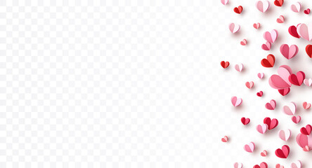 Valentine's paper confetti hearts isolated on transparent background. Vector pink and red symbols of love border for romantic banner or Happy Mother's Day greeting card design