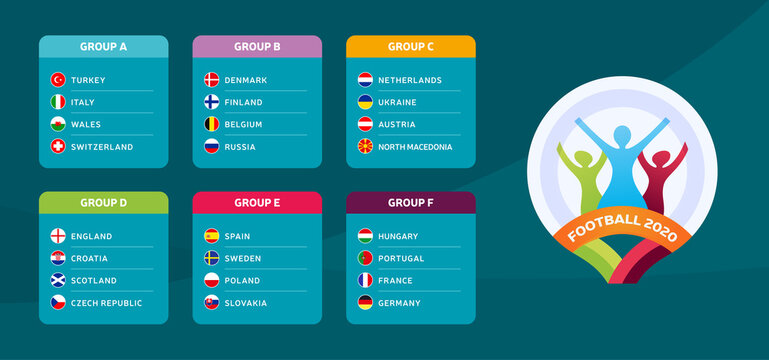 Football 2020 tournament final stage groups vector stock illustration. 2020 European soccer tournament with background. Vector country flags
