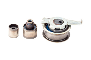 Set of used car timing rollers on white background, isolate. Auto parts quality concept, close-up