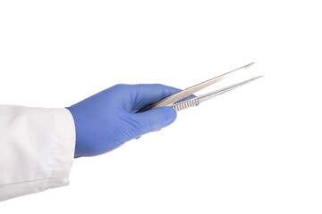 Doctor's hand in a medical glove holds a medical instrument tweezers for an operation on a white background, isolate.