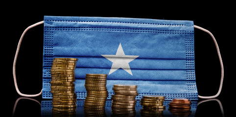 Medical mask with the flag of Somalia behind some shrinking stacks of various coins.(series)