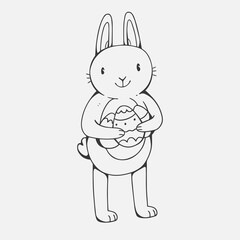 Rabbit with Easter eggs in hands vector doodle illustration isolated on white background. Cute character rabbit for Easter.