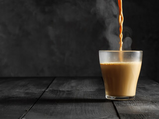 Hot masala tea is poured into a glass glass. Steam comes out of the mug. Gray background. Copy...