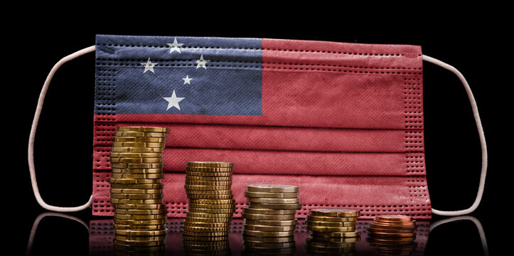 Medical mask with the flag of Samoa behind some shrinking stacks of various coins.(series)