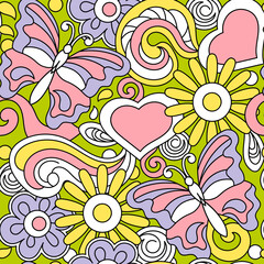 Spring or summer hand-drawn doodle seamless background . Flowers, butterflies, heart. Seasonal vector elements, cartoon backdrop
