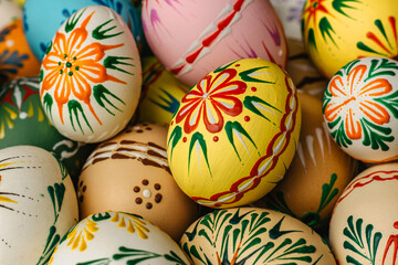 Happy Easter.Colorful hand painted decorated Easter eggs. Handmade Easter craft.Spring decoration background. DIY Festive traditional symbols.Holiday Still life photo selective focus.