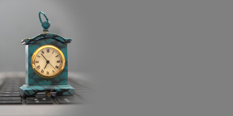 Vintage style miniature clock on grey banner template