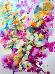 Abstract bright colored decorative background . Floral pattern handmade . Beautiful tender romantic bouquet of spring flowers , made in the technique of watercolors from nature.