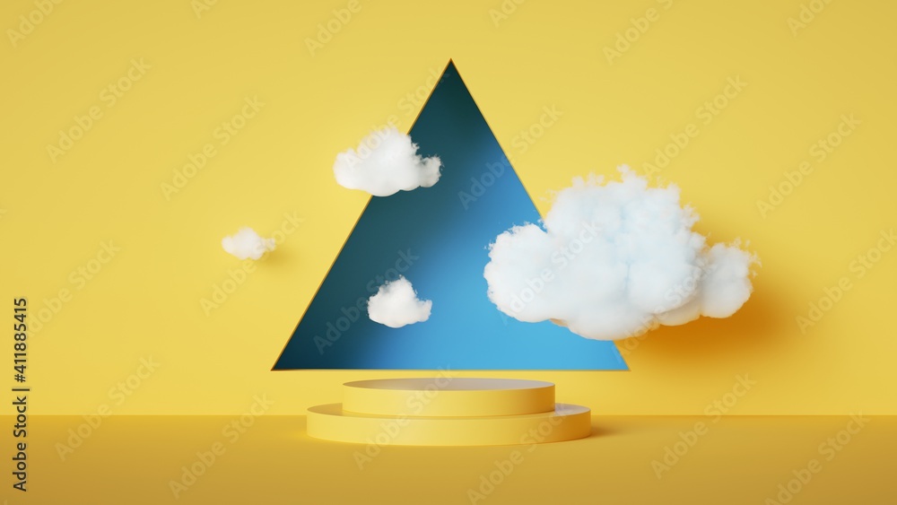Aufkleber 3d render, abstract sunny yellow background with white clouds fly inside blue triangle hole. simple 