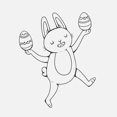 Happy rabbit with Easter eggs in hands vector doodle illustration isolated on white background. Cute character rabbit for Easter.