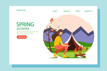 Woman warming her hands by the fire. Landing page template. The concept of an active lifestyle, outdoor recreation, tourism. Spring vector illustration in flat style.