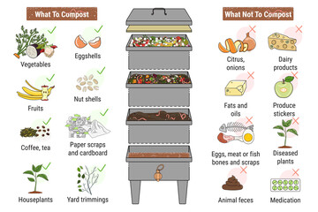 Infographic of vermicomposting. What to or not to compost. Worm composting. Recycling organic waste, compost. Sustainable living, zero waste concept