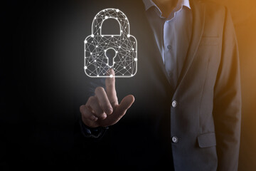 Cyber security network. Padlock icon and internet technology networking. Businessman protecting...