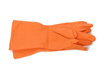 pair of orange protective rubber gloves for cleaning on a white background