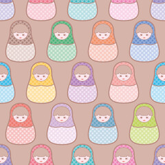 Cute matryoshka vector repeat pattern. Nesting doll with daisy dress illustration background.