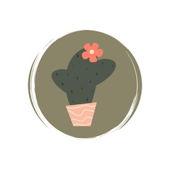 Cute potted succulent with flower icon vector, illustration on circle with brush texture, for social media story and highlights