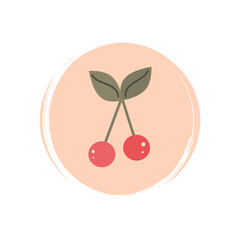 Cute cherries icon vector, illustration on circle with brush texture, for social media story and instagram highlights